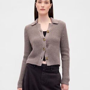 GAP Collared Cropped Cardigan Sweater 100% Cotton Size Small-Tall NEW Taupe NWT